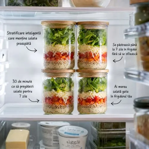 Salate Mason Jar stivuite în frigider